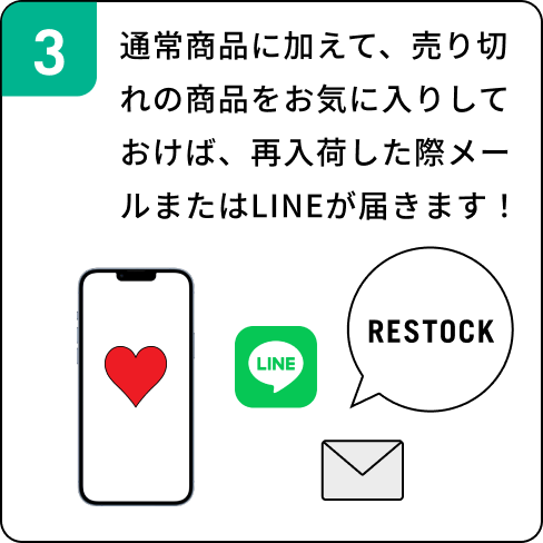 通常商品に加えて、売り切れの商品をお気に入りしておけば、再入荷した際メールまたはLINEが届きます！