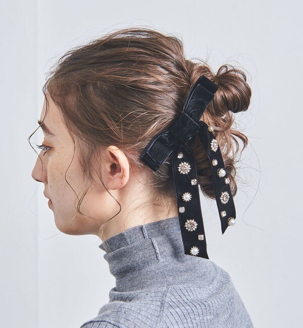 ビジュー ベルベットリボン ヘアクリップ