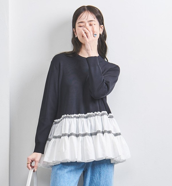 24AW新作完売☆ユナイテッドアローズ ジャガードビスチェフリルニット☆ブラック レディース
