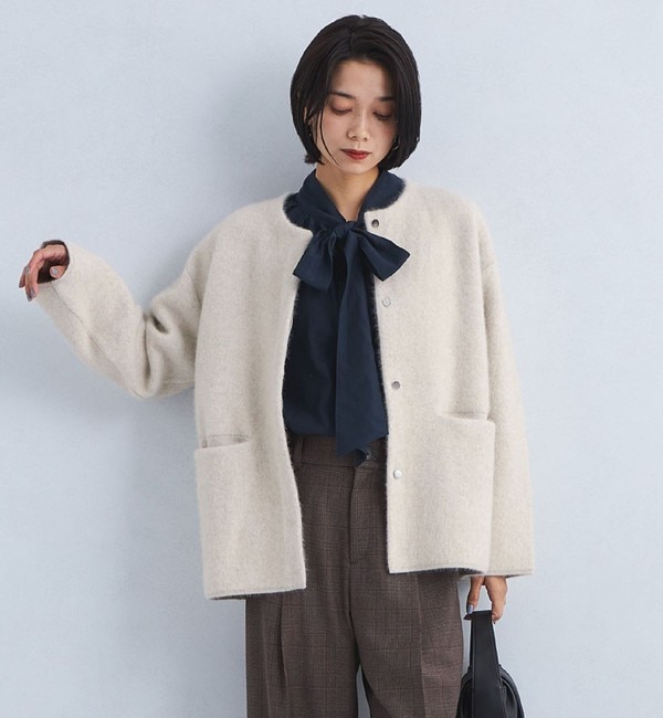 FOXブレンド セッケツ ノーカラー ニット カーディガン