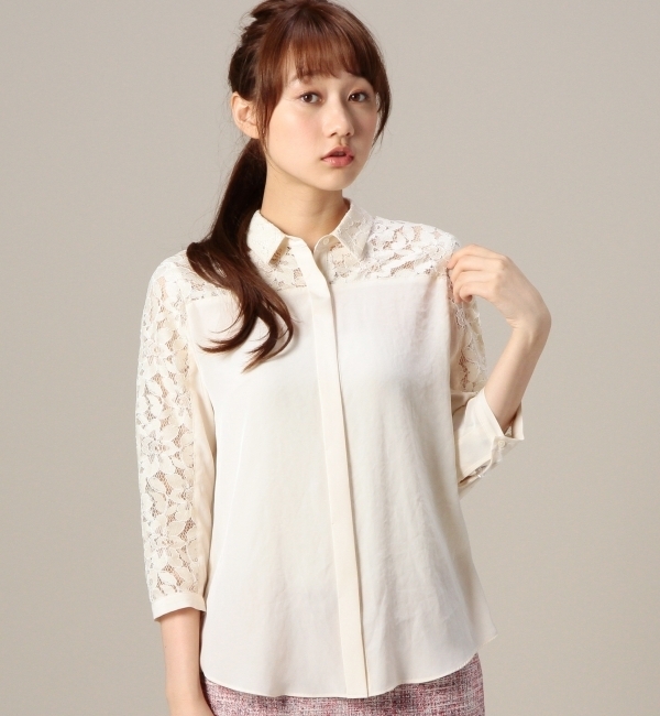 BYTF レース×デシン 切替7分袖ブラウス