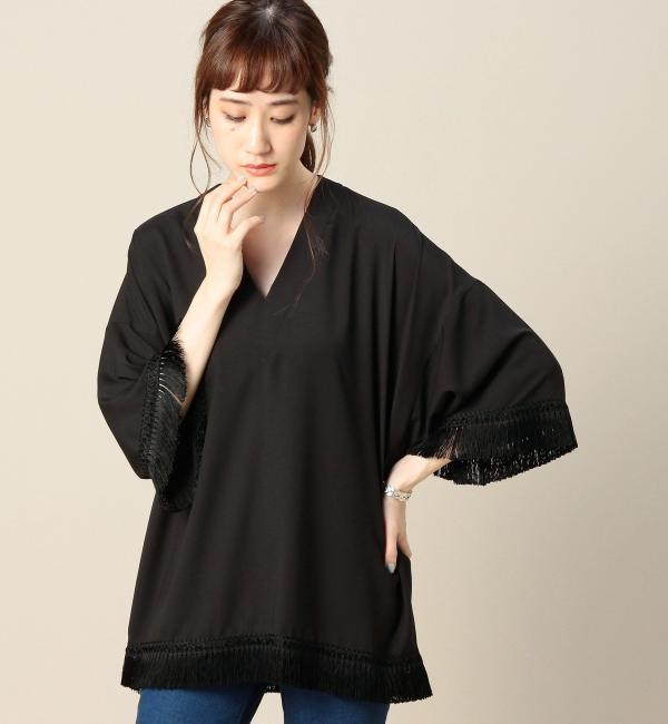BY ジョーゼットフリンジVネック6分袖ブラウス