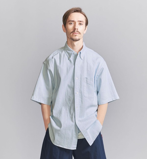 Steven Alan＞ 50/- STRIPE REGULAR COLLAR SHORT SLEEVE SHIRT -ALINE