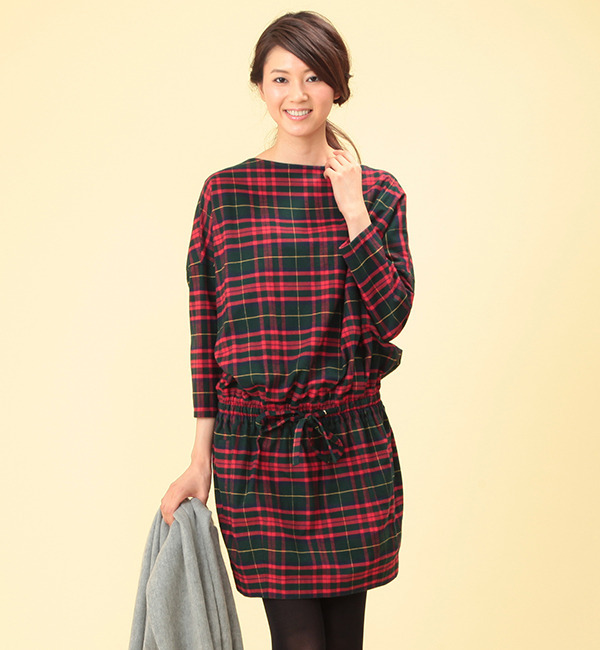 Traditional Weatherwear / チェック オフショルダー リボン付ワンピース