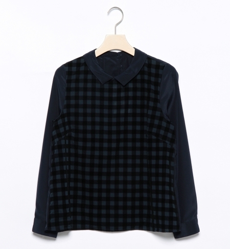 ウォッシャブル フロッキーチェック切替ブラウス