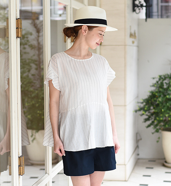 ストライプ フリル切替プルオーバー