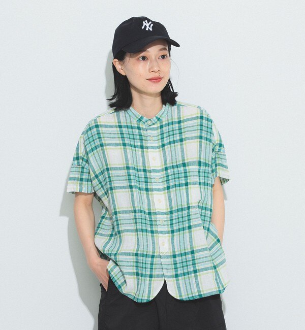 BEAMS BOY / リネン チェック スタンドカラー シャツ|BEAMS WOMEN