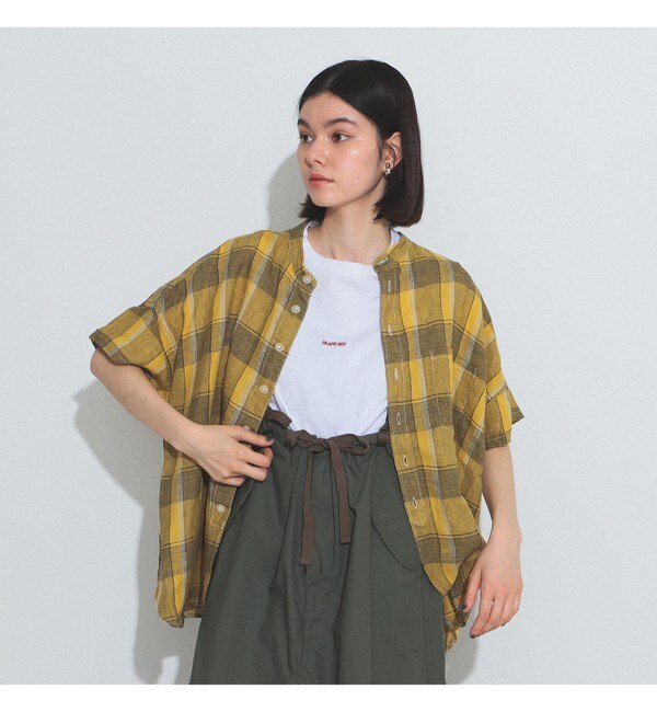 BEAMS BOY / リネン チェック スタンドカラー シャツ|BEAMS WOMEN