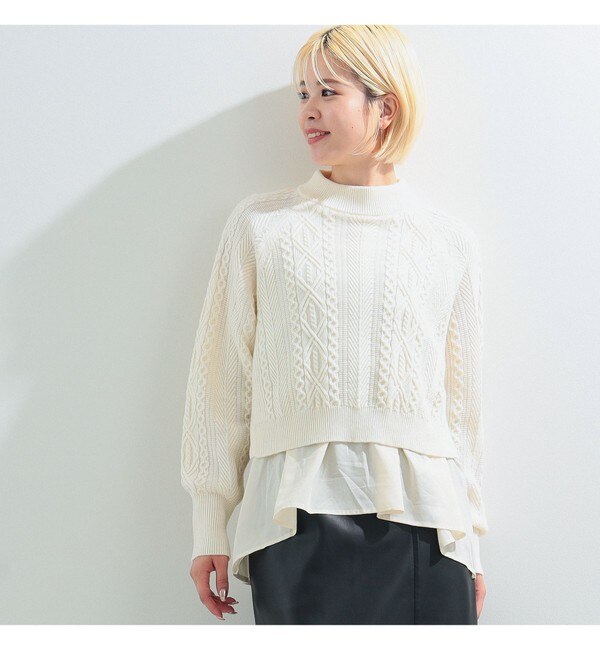 Ray BEAMS / ケーブル バック プリーツ ハイネック ニット|BEAMS WOMEN