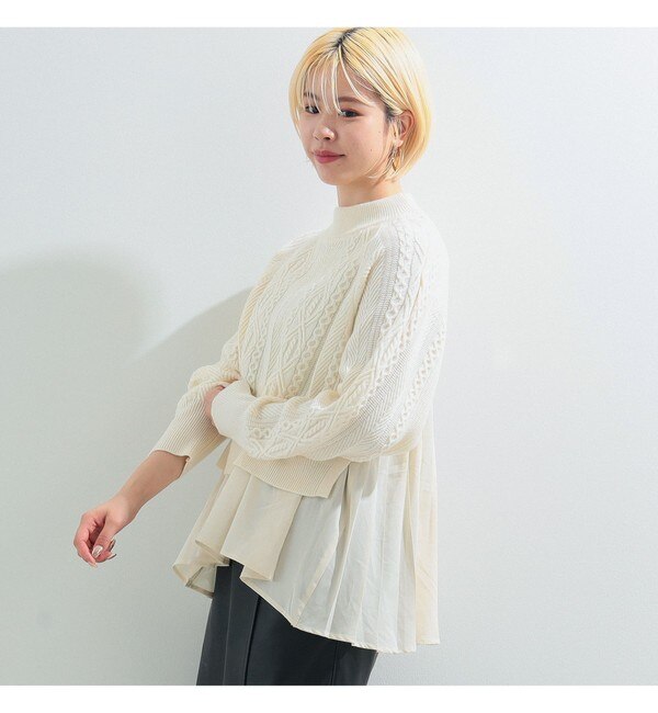 Ray BEAMS / ケーブル バック プリーツ ハイネック ニット|BEAMS WOMEN