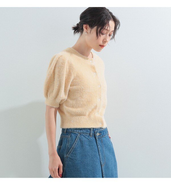 Ray BEAMS / フェザー ラメ パフスリーブ カーディガン|BEAMS WOMEN