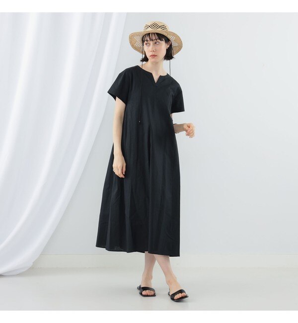 Ray BEAMS / 麻混 バックタック キーネック ワンピース|BEAMS WOMEN