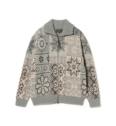 Zip Cardigan Double Jacquard Patchwork Like Pattern