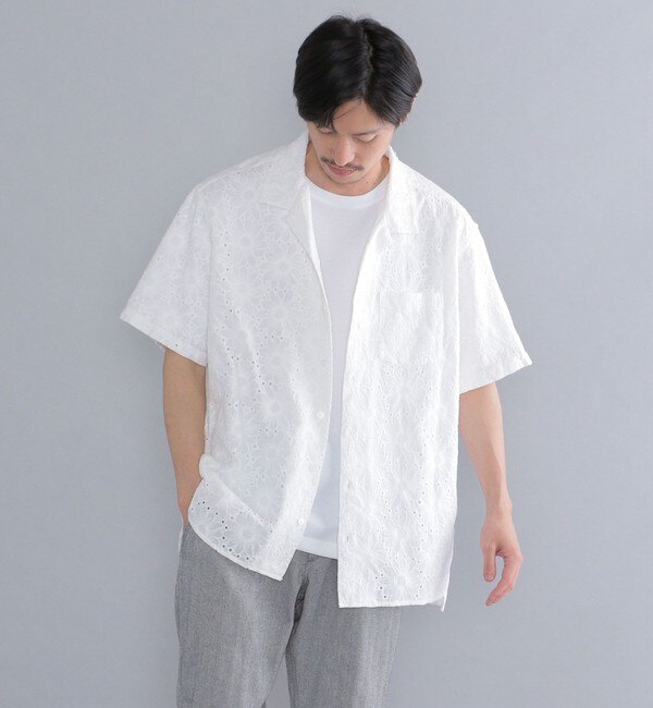 【SHIPS別注】BENCH MARKING SHIRT: フラワーレース オープンカラーシャツ