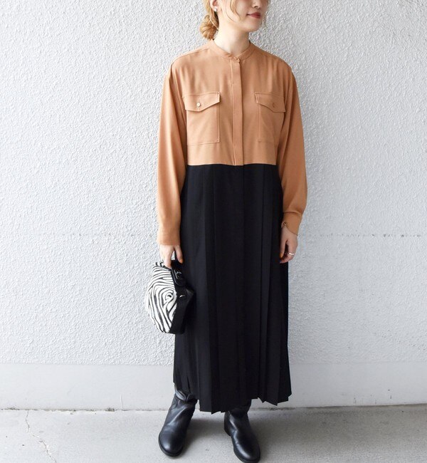 *SHIPS any:〈ウォッシャブル〉ジョーゼット プリーツ ロングスリーブ ポケット シャツ ワンピース