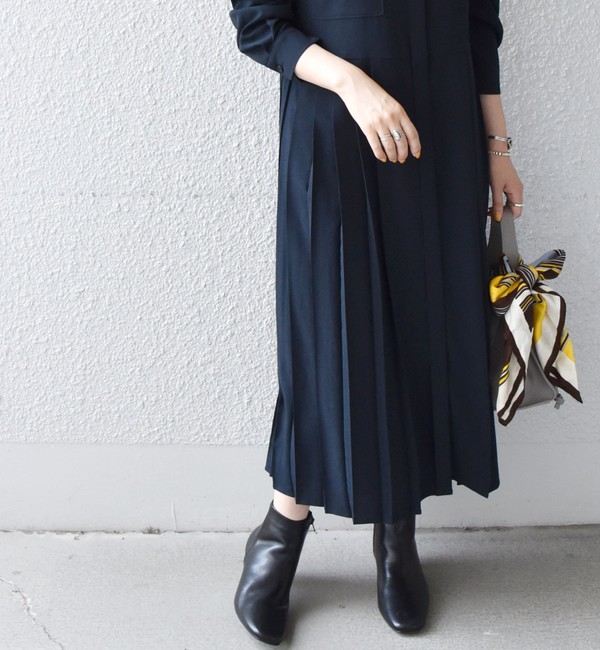 *SHIPS any:〈ウォッシャブル〉ジョーゼット プリーツ ロングスリーブ ポケット シャツ ワンピース