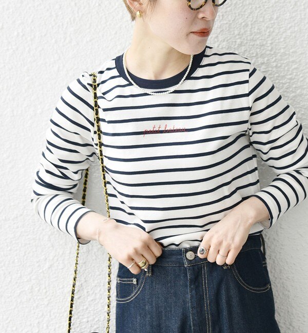 PETIT BATEAU:ロングスリーブ ロゴ プリント ボーダー Tシャツ 23SS