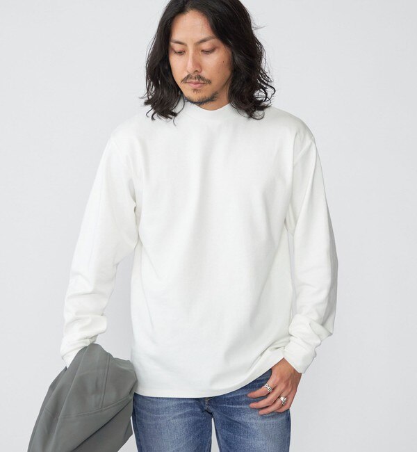 SHIPS: コットン ポンチ モックネック ロングスリーブ Tシャツ (ロンT