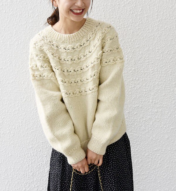 【SHIPS any別注】NEPAL HAND KNIT: フラワー ライン ニット