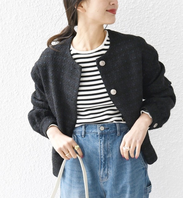 SHIPS any: ツイード パフスリーブ ショート ジャケット［NAVY