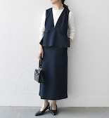 《予約》SHIPS any:〈洗濯機可能〉ダブルクロス Vネック ペプラム ワンピース［NAVY BLUE］