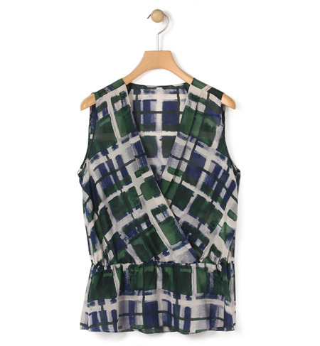シルクチェックプリント カシュクールノースリーブブラウス