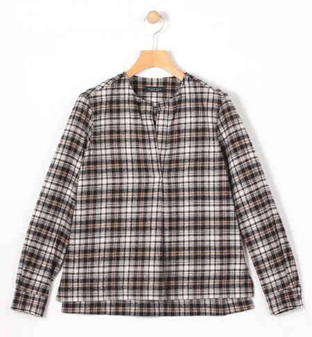 コットンチェック ノーカラースキッパーブラウス