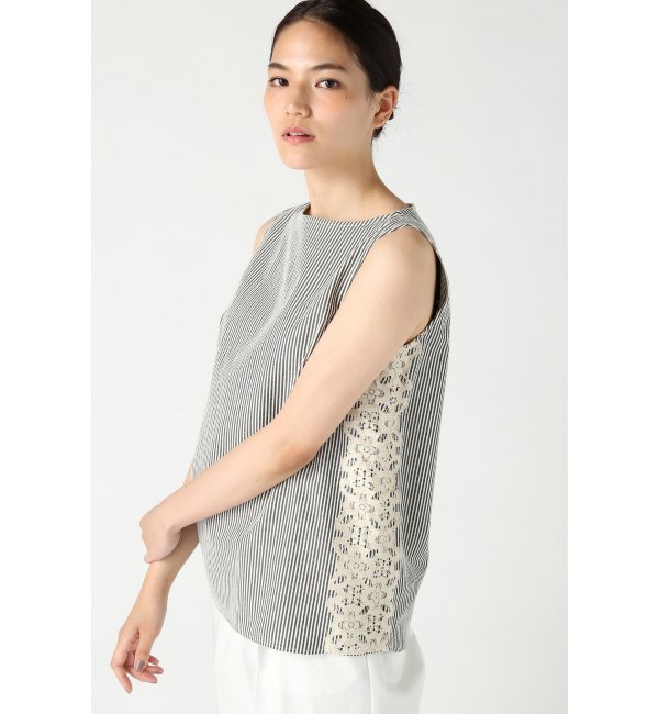 ストライプ×レース ノースリーブブラウス