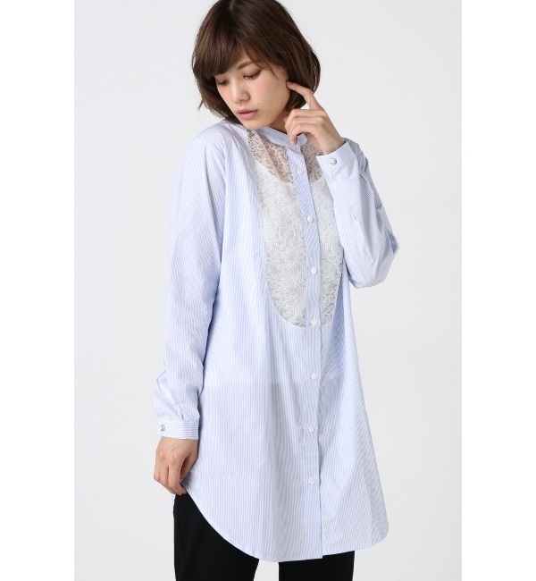 【エディット フォー ルル/EDIT．FOR LULU】 ◇RAPHAELLA RIBOUD コットンツイルストライプ フロントホワイトレースシャツ [送料無料]