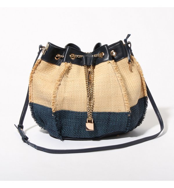 バイカラーラフィアバケットバック