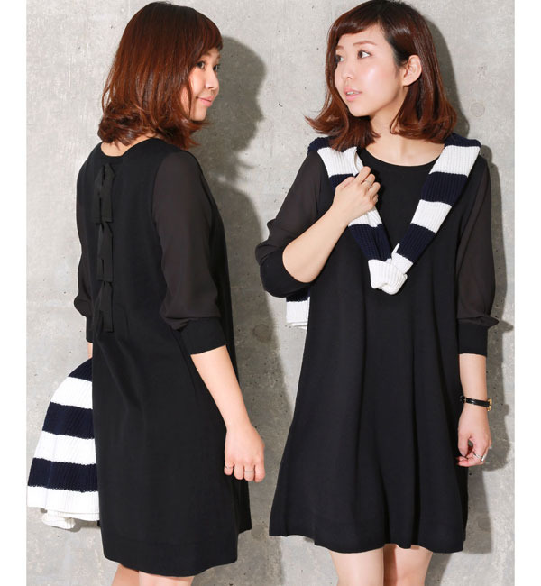 袖シフォンBackリボンワンピ