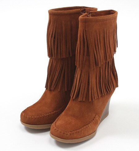 CALF HI DOUBLE FRINGE WEDGE BOOT