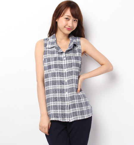 (4OUR DREAMERS) PL1047 LINEN PLAID SLVLESS SHIRT