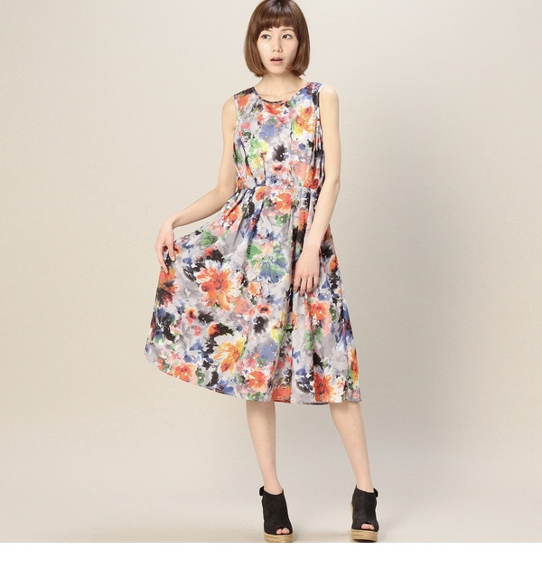 LOP-15112 FLOWER PT. SLV.LESS TUCK DRESS