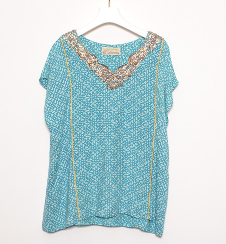 レーヨンモザイクプリントビーズ刺繍ブラウス