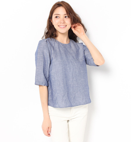 シャンブレー袖タックプルオーバーブラウス