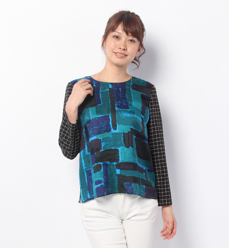 S ブロック柄×幾何柄ブラウス