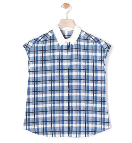 コットン/ポリエステル チェッククレリックブラウス