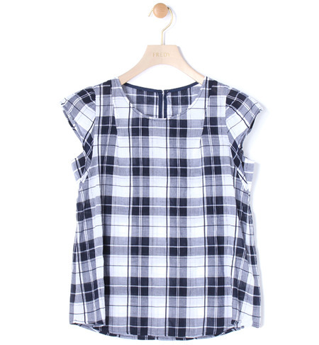 シャーリングチェック袖フリルブラウス