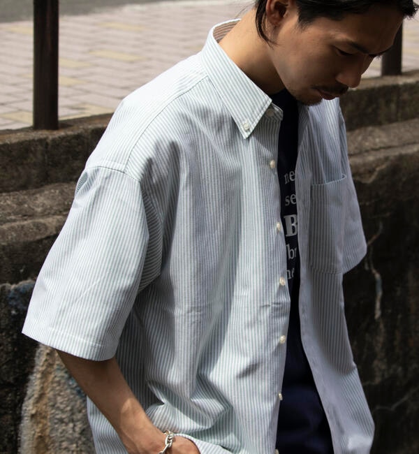 【GLOSTER/グロスター】オーバーサイズ オックスボタンダウン ストライプシャツ 半袖