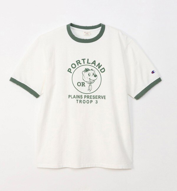 【Champion/チャンピオン】プリント リンガーTシャツ ダメージ加工 ロゴ