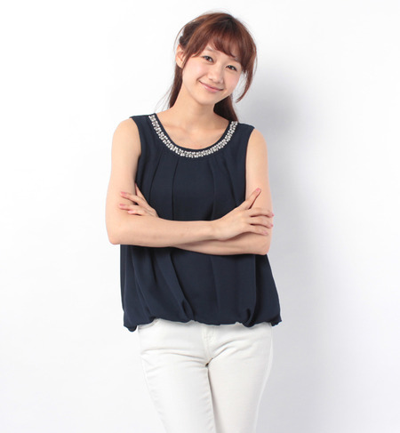 ビジュー付ノースリーブバルーンブラウス