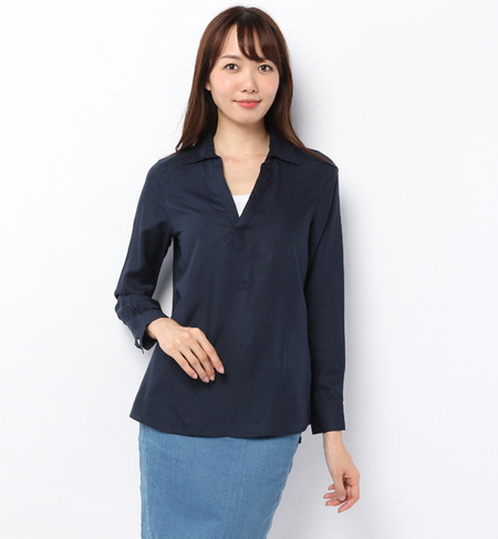 テンセル無地・チェック柄スキッパーブラウ