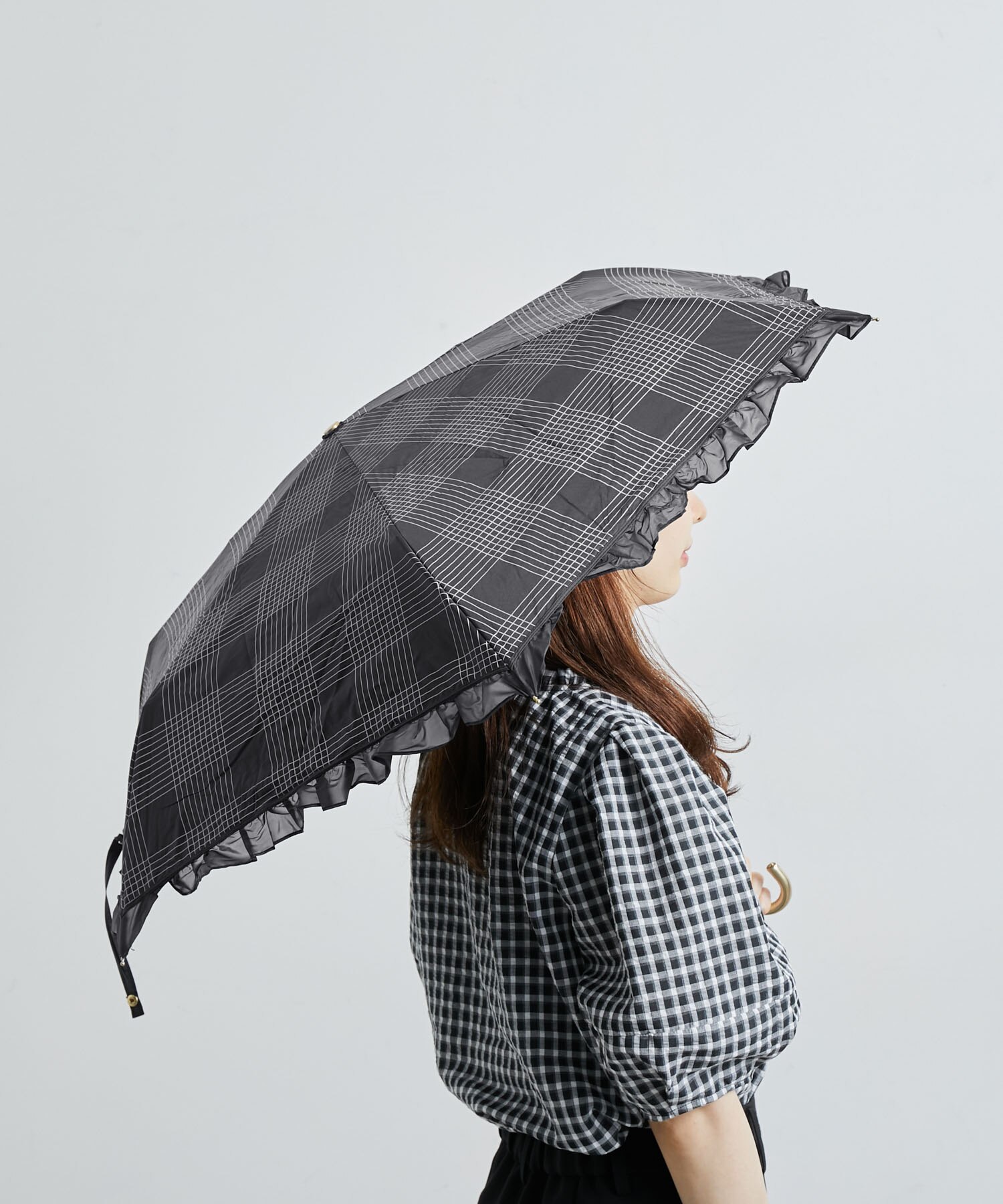 Wpc.】晴雨兼用/遮光オーガンジーフリルチェック折りたたみ傘|ROPE