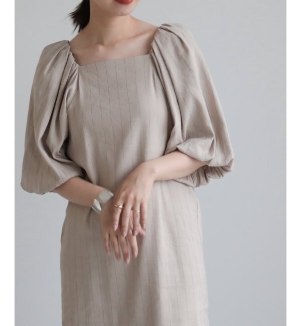 【ベージュ】BALLOON SLEEVE STRIPE DRESS