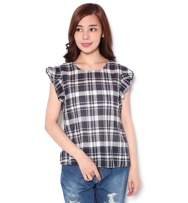 【ディスコートパリシアン/Discoat Parisien】 チェック後開き袖フリルブラウス [送料無料]