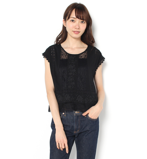 【Omekashi】レース切替刺繍ブラウス