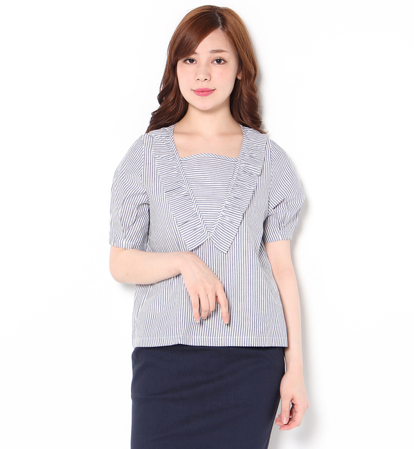 ストライプフリル付Vネックプルオーバー