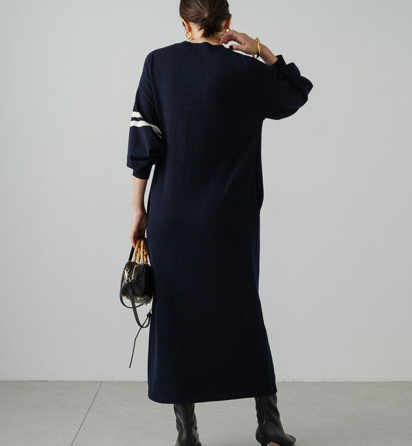 Loungedress ラウンジドレス キーネックロングニットワンピース グレー