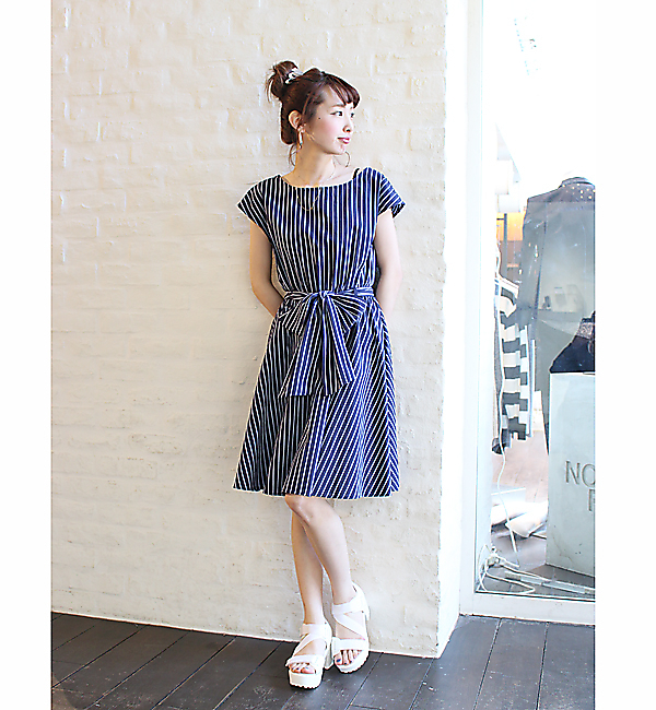 【大人気の追加アイテム】ストライプウエストリボンOP